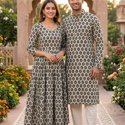 Gentle Beige Paisley Hand Block Cotton Ensemble