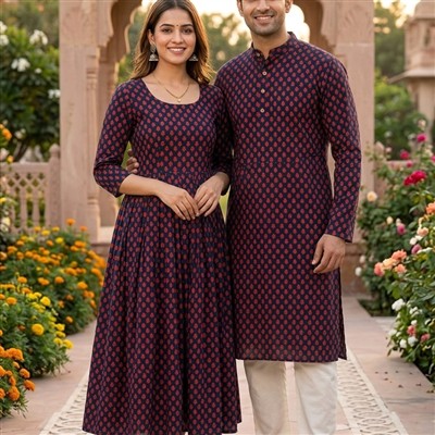 Navy Floral Bagru Cotton Matching Outfits