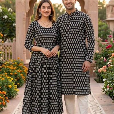 Navy Floral Hand Block Printed Couple Set