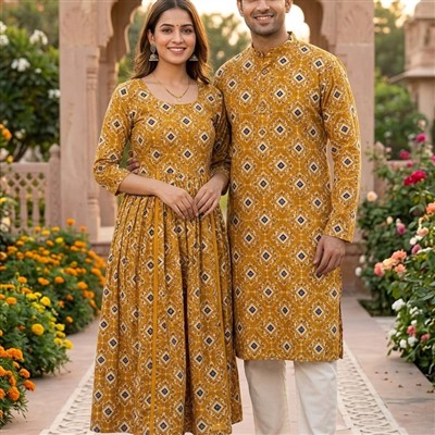 Mustard Geometric Bagru Cotton Couple Set