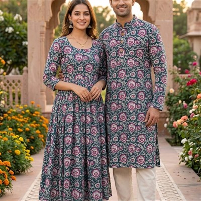 Teal Rose Hand Block Printed Cotton Couple Set