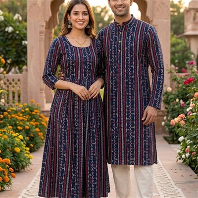 Navy Crimson Abstract Bagru Cotton Couple Set