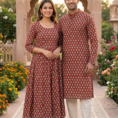 Terra Cotta Floral Hand Block Printed Couple Set