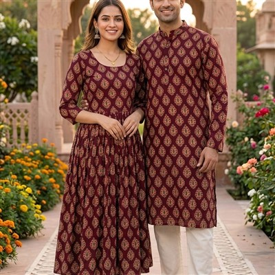 Burgundy Paisley Hand Block Printed Couple Set