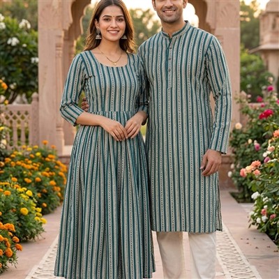 Teal Floral Bagru Cotton Matching Ensemble