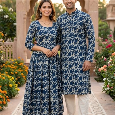 Indigo Floral Bagru Cotton Couple Set
