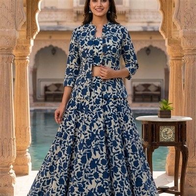 Navy Floral Hand Block Printed Skirt Set