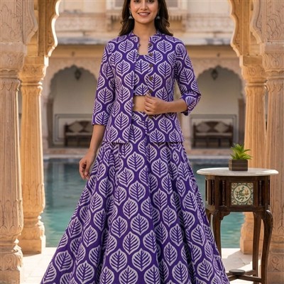 Indigo Leaf Print Cotton 3-Piece Ensemble