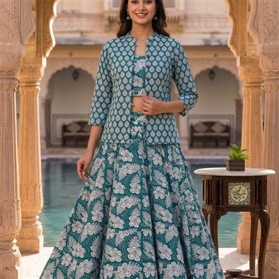 Teal Floral Block Print Cotton Skirt Set