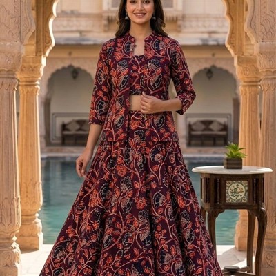 Maroon Floral Hand Block Printed Ensemble