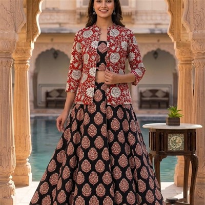 Cascading Crimson Floral Cotton Skirt Set