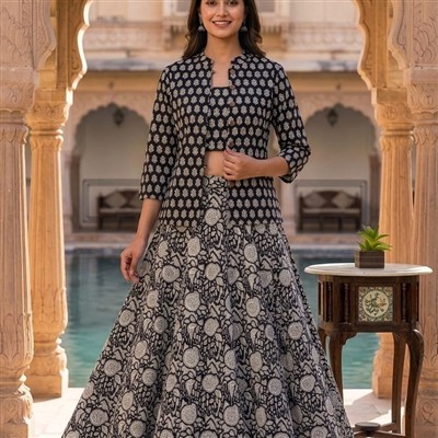 Midnight Floral Bagru Cotton 3-Piece Ensemble