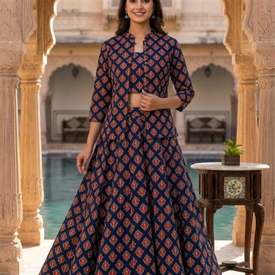 Crimson Garden Hand Block Printed Skirt Set