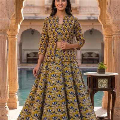 Mustard Floral Bagru Cotton 3-Piece Ensemble