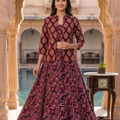 Burgundy Blossom Hand Block Printed Skirt Set