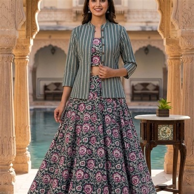 Festive Sunrise Floral Cotton 3-Piece Skirt Set