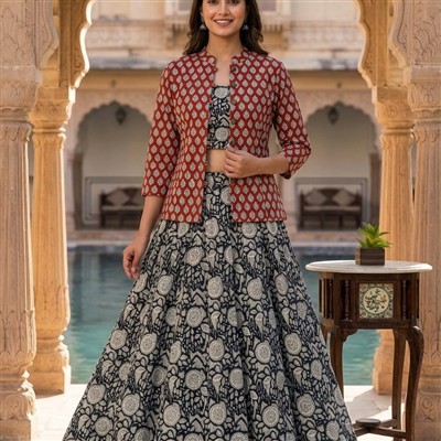 Crimson Geometric Bagru Cotton 3-Piece Ensemble