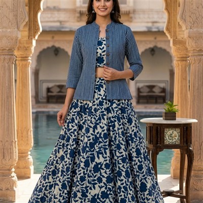 Ethereal Cerulean Floral Cotton Skirt Set