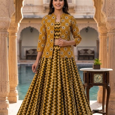 Mustard Zigzag Bagru Cotton 3-Piece Set