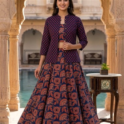Crimson Geometric Bagru Cotton 3-Piece Ensemble