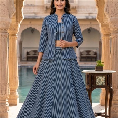 Midnight Blossom Bagru Cotton Skirt Set