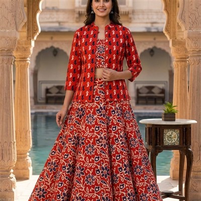 Crimson Floral Bagru Cotton 3-Piece Set