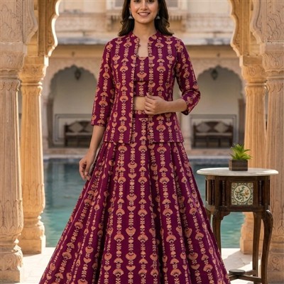 Burgundy Floral Bagru Cotton 3-Piece Skirt Set