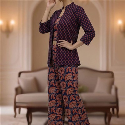 Navy Floral Geometric Cotton Co-Ord Set