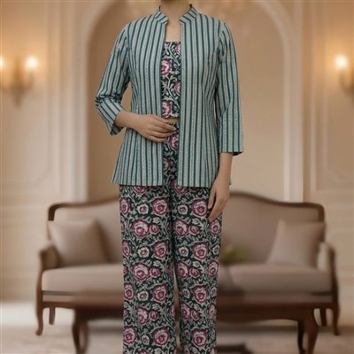 Teal Floral Block Print Cotton Co-Ord Set