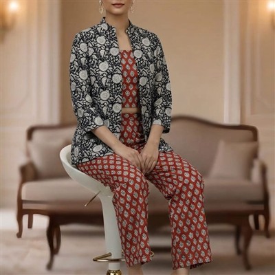 Crimson Floral Bagru Cotton 3-Piece Ensemble