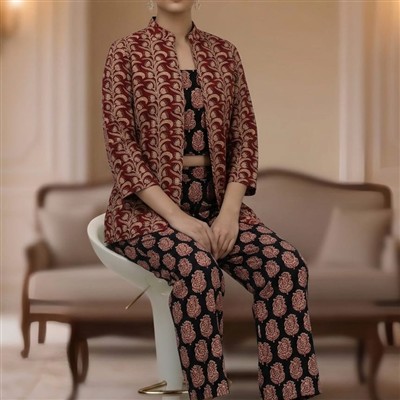 Azure Floral Bagru Cotton 3-Piece Ensemble