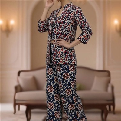 Navy Crimson Floral Hand Block Printed Co-Ord Set