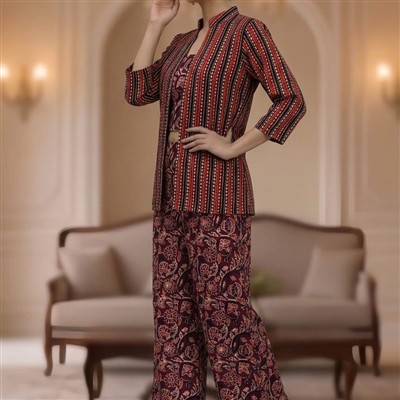 Burgundy Floral Geometric Bagru Cotton Co-Ord Set