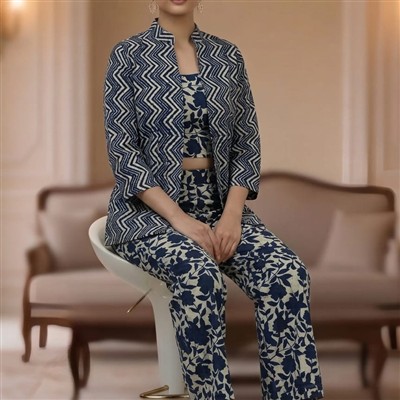 Navy Blue Floral Zigzag Hand Block Print Co-Ord Set