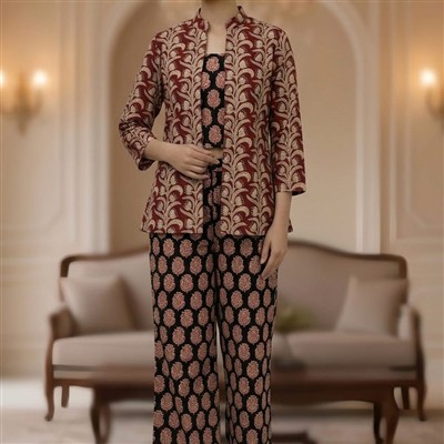 Crimson Paisley Print Bagru Cotton 3-Piece Set
