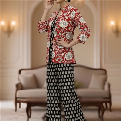 Crimson Floral Bagru Cotton 3-Piece Co-Ord Set