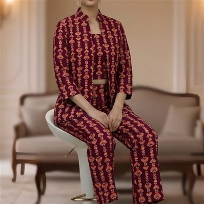 Burgundy Floral Bagru Cotton 3-Piece Set