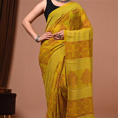 Terracotta Floral Block Print Georgette Saree