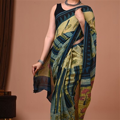 Navy Geometric Hand Block Printed Georgette Saree
