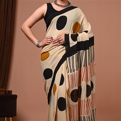 Creamy Beige Geometric Print Georgette Saree