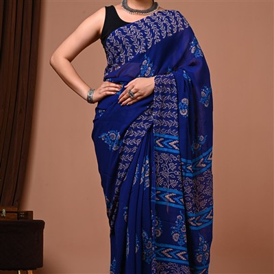 Turquoise Floral Hand Block Printed Georgette Saree