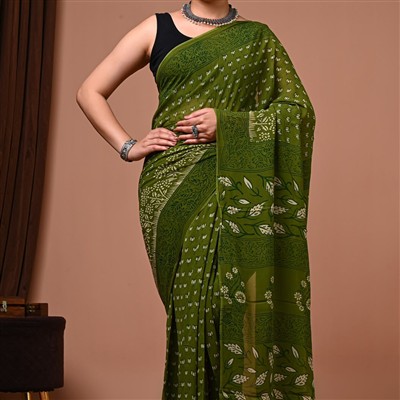 Olive Green Floral &amp;amp; Geometric Print Georgette Saree