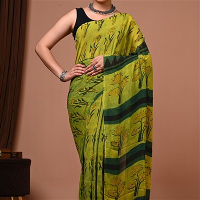 Olive Green Floral Block Print Georgette Saree