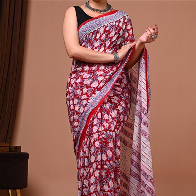 Crimson Floral Elegance Georgette Saree