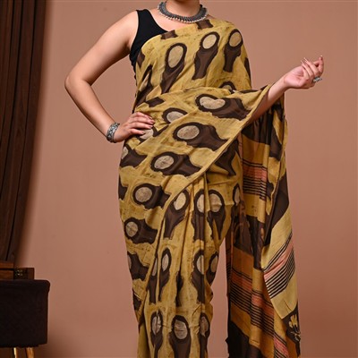 Mustard Yellow Circular Motif Georgette Saree