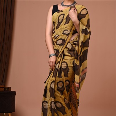 Ochre Swirl Hand Block Printed Georgette Saree