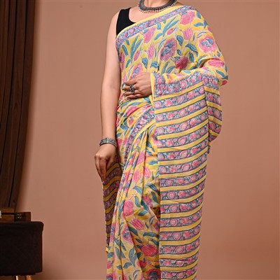 Pastel Yellow Floral Delight Georgette Saree