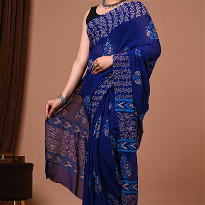 Navy Floral Cascade Georgette Saree