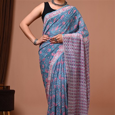 Teal Floral Symphony Georgette Saree