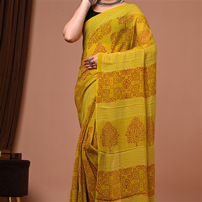 Mustard Floral Whirl Georgette Saree